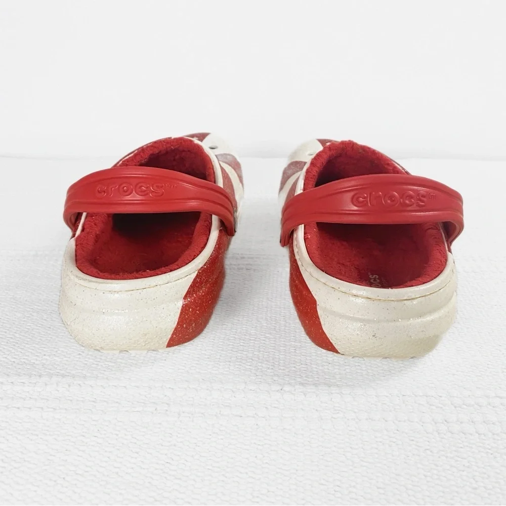 Crocs Kids Classic Lined Fuzzy Holiday Clogs Red & White Candy Cane size J4